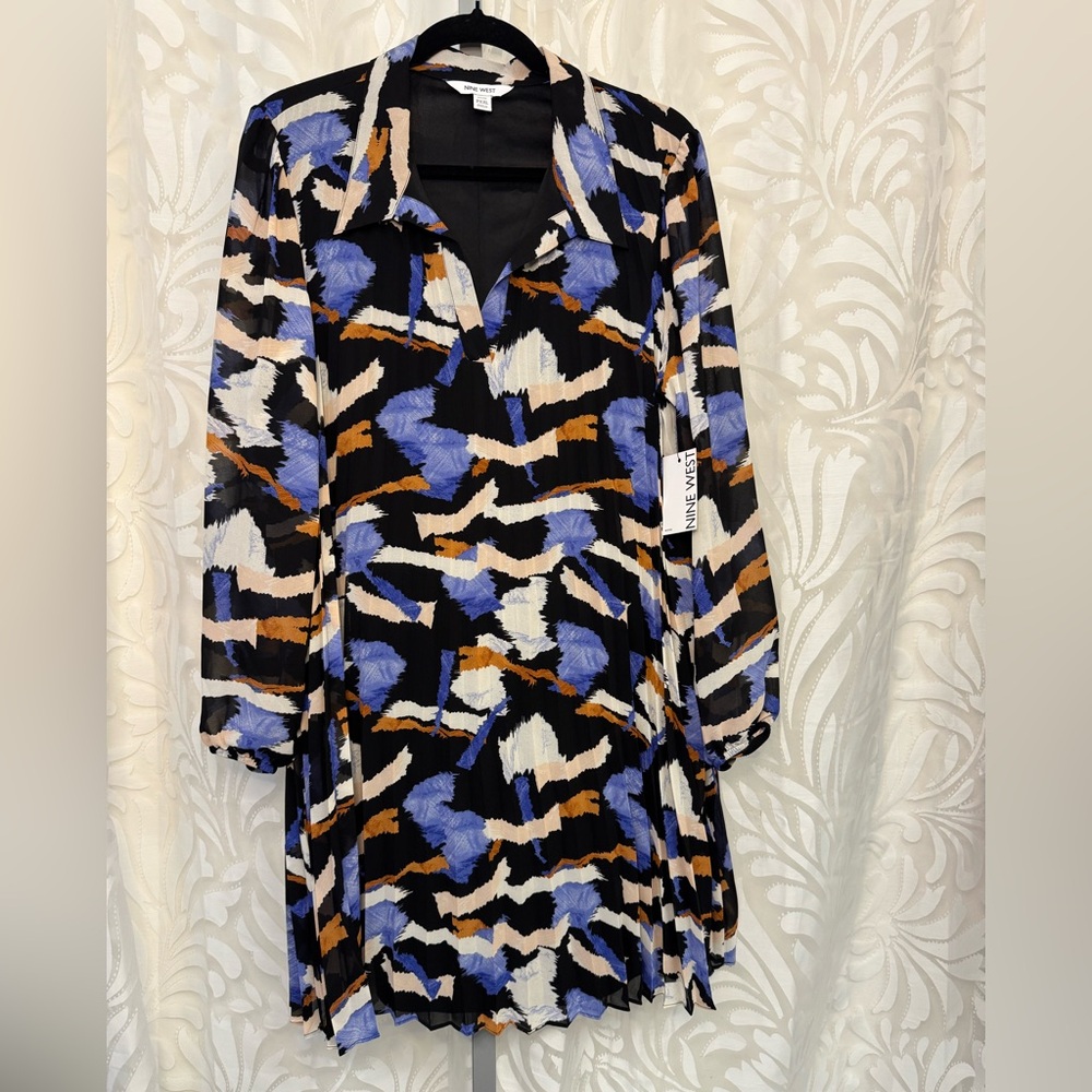 NWT Nine West Multicolor Abstract Printed Long Sleeve Dress 2XL